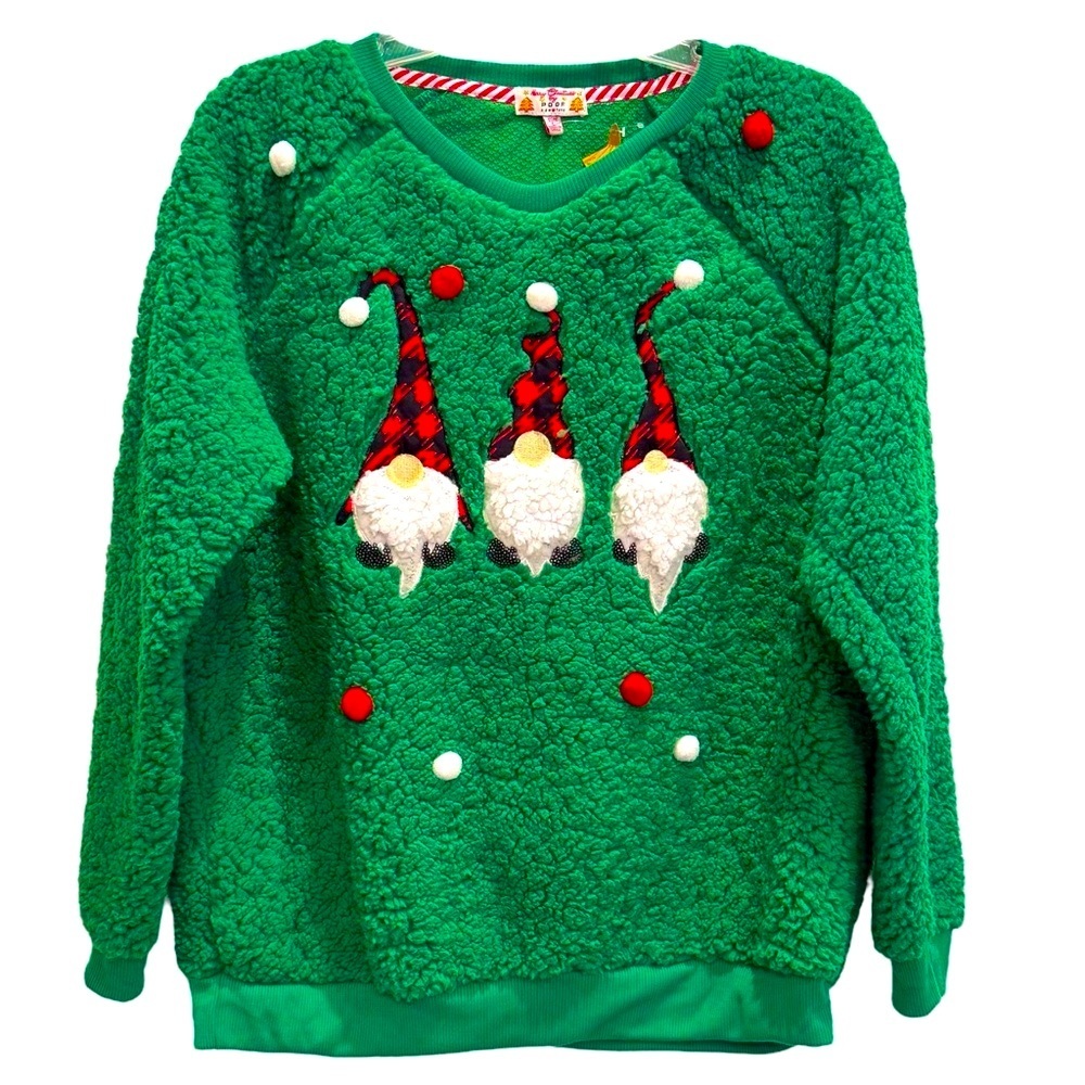 POOF! Size L Green Christmas Sherpa Appliqué Gnomes Sweatshirt Style Sweater NWT
